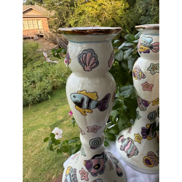 Strata Group Les Tropiques Fish Hand Painted Candle Stick Pair | Coastal Design - Picture 2 of 4